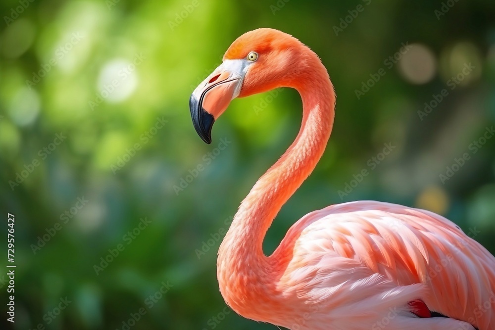 Fototapeta premium American flamingo (Phoenicopterus ruber) or Caribbean flamingo. Big bird is relaxing enjoying the summertime. Nature green background 
