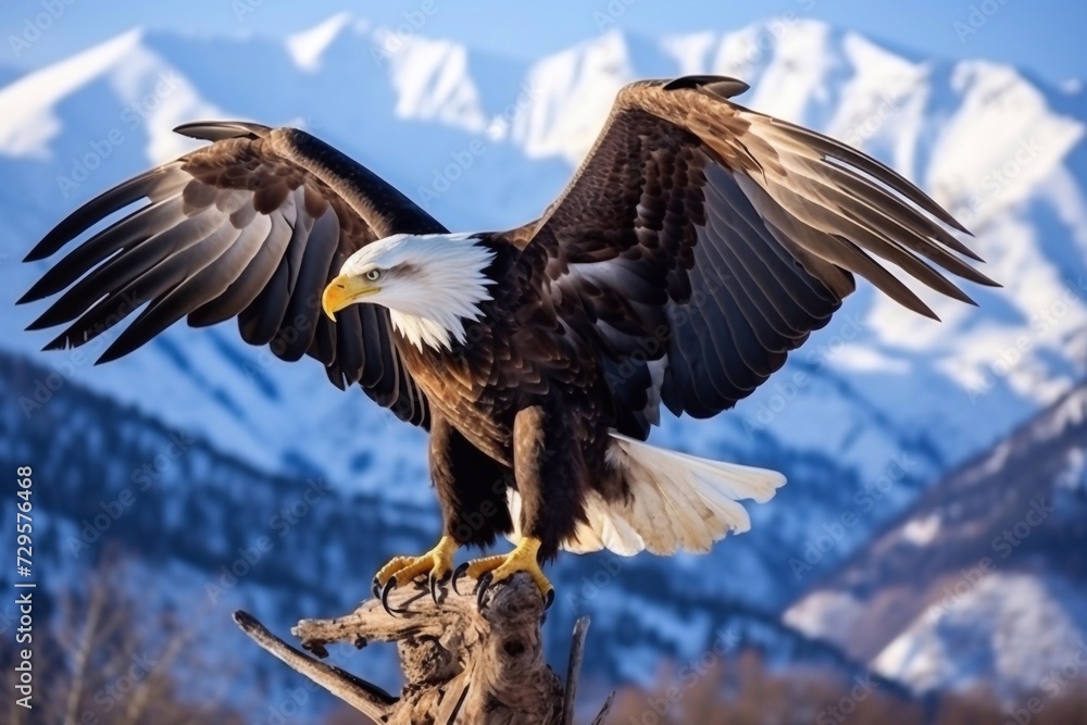 Fototapeta premium bald eagle with wings spread and perched on branch against background .snowy mountain peak blurry background 