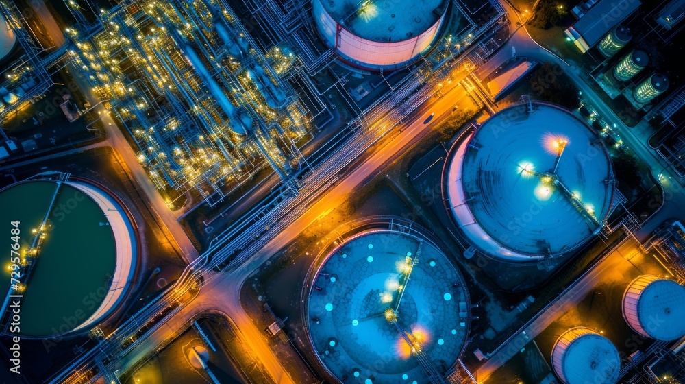 Fototapeta premium Top view storage tank farm at night. Generative Ai