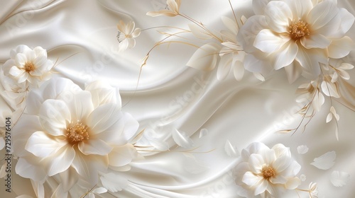 Elegant 3D background with luxurious white flowers against a silk backdrop  ideal for printing on walls and ceilings.