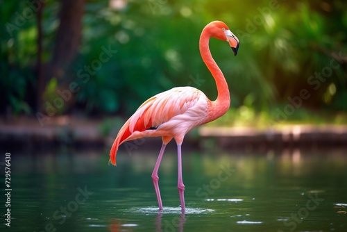 American flamingo  Phoenicopterus ruber  or Caribbean flamingo. Big bird is relaxing enjoying the summertime. Nature green background 