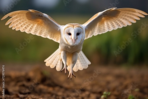 Barn owl in flight before attacking low over the ground, clean background