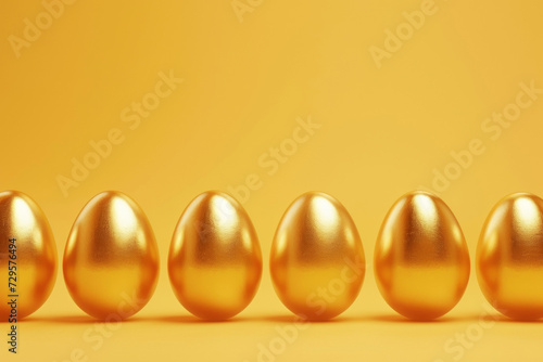 Golden Easter eggs standing in one row isolated on yellow background. Simple and delightful decoration for spring holiday