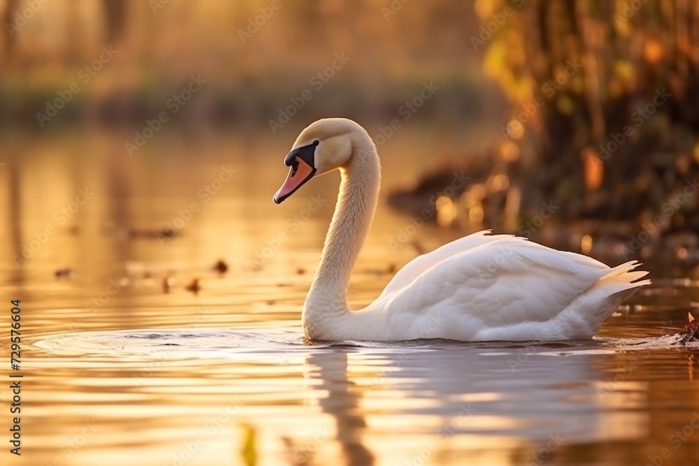 Fototapeta premium Common european wild big bird mute swan, Cygnus olor, evening light with bird
