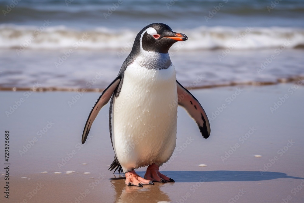 Naklejka premium Gentoo the penguin walks along the beach