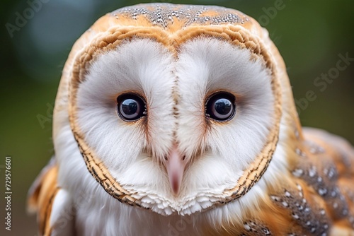 Beautiful bright barn owl (Tyto alba head) head close-up with blurred nature background © Ирина Курмаева
