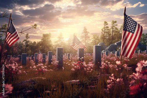 U.S. Independence Day, Memorial Day, American flag and tombstones