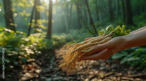 With an atmospheric forest backdrop, a hand holds a fresh ginseng root, Generative AI.