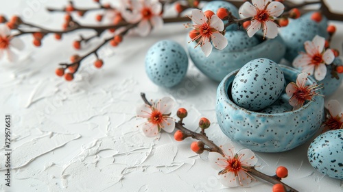 Easter table setting with painted eggs and floral decor on white background, space for text