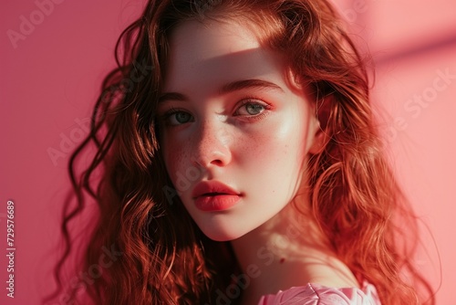 Charming young girl model showcasing style on a pink backdrop, captured in high definition, exuding confidence and grace in a visually captivating scene.