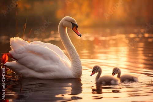 Mute swan playing with baby swans at golden hour light on the lake 