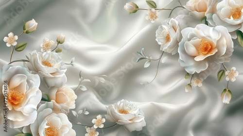 Fototapeta Naklejka Na Ścianę i Meble -  3d background with luxury beautiful white flowers, silk background for wall print, and ceiling wallpaper