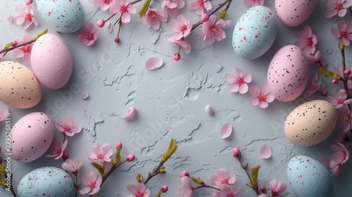 Easter table setting with painted eggs, floral decor on white background, flat lay, copy space