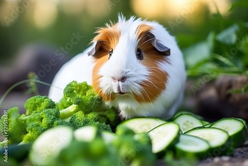 
Portrait of a cute guinea eating vegetables in summer outdoors, cavia porcellus photo