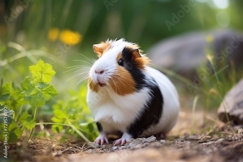 Portrait of a cute red guinea pig happy in green grass . Close photo