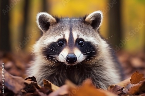 Little happy funny portrait cute funny raccoon close up peeking out of autumn leaves