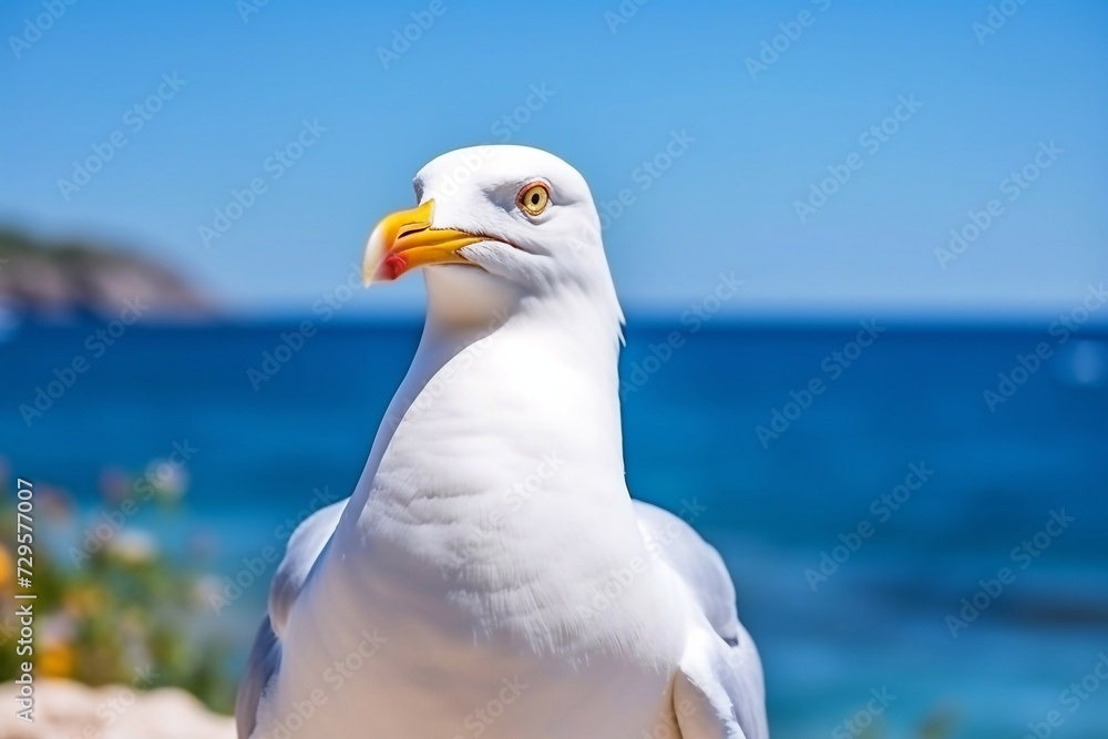 Seagull portrait against sea shore. Close up view of white bird seagull sitting by the beach. Wild seagull with natural blue background
