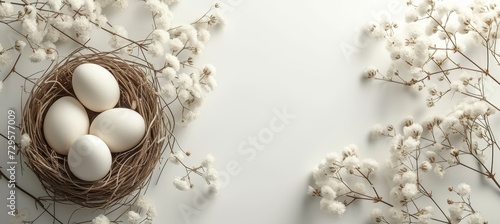 Colorful easter eggs in nest on white background, top view mockup for holiday design and concepts