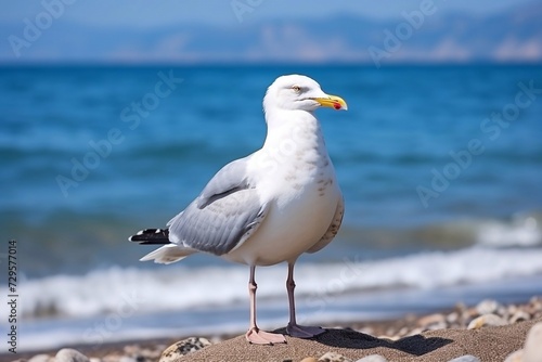 Seagull portrait against sea shore. Close up view of white bird seagull sitting by the beach. Wild seagull with natural blue background 