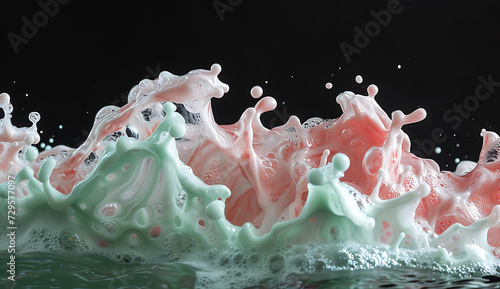 pink and green foaming liquid in
