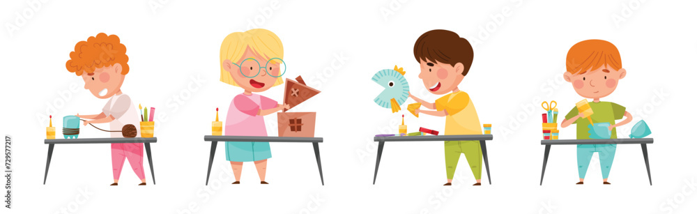 Creative Kid at Table Engaged in Handcraft Activity Recycle Material Vector Set Creative Kid at Table Engaged in Handcraft Activity Recycle Material Vector Set