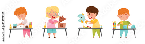 Creative Kid at Table Engaged in Handcraft Activity Recycle Material Vector Set