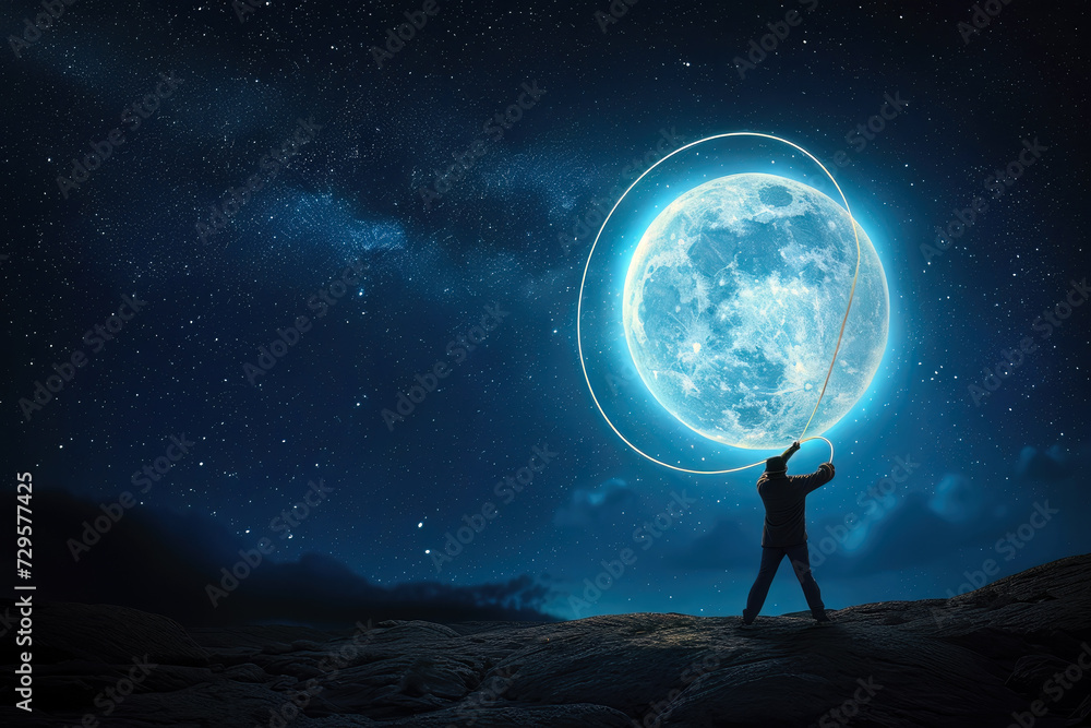 Man catching the moon with a lasso Man catching the moon with a lasso