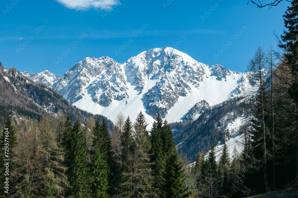 Scenic view of snow capped mountain peak Hochstuhl (Stol) seen from Bärental in Karwanks, Carinthia, Austria. Remote alpine landscape in springtime in Austrian Alps, Europe. Idyllic trail in forest