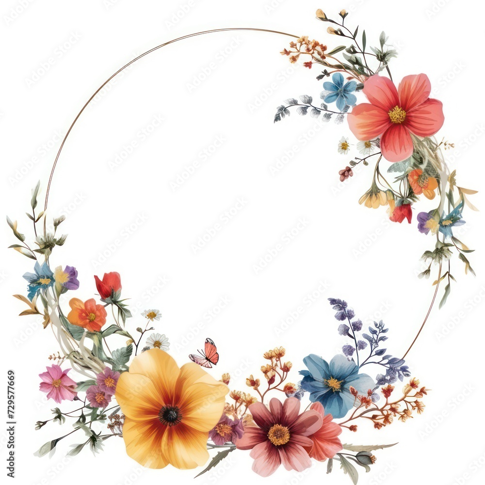minimalist circle frame with flat modern flowers bouquet, isolated on a white background