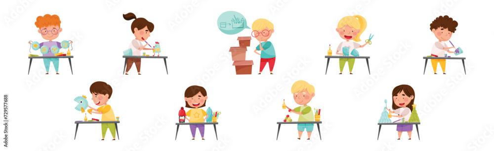 Creative Kid at Table Engaged in Handcraft Activity Recycle Material Vector Set Creative Kid at Table Engaged in Handcraft Activity Recycle Material Vector Set