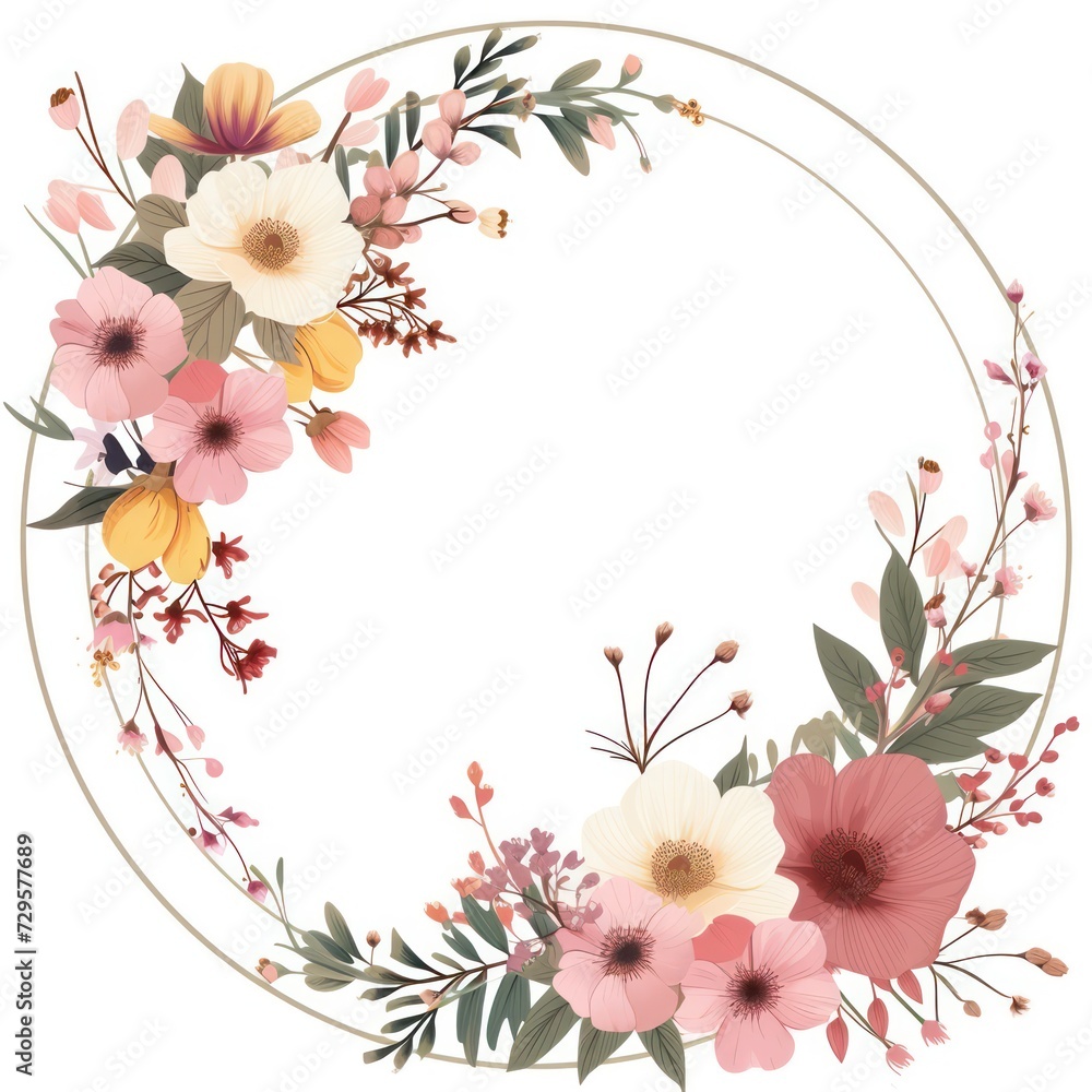 Fototapeta premium minimalist circle frame with flat modern flowers bouquet, isolated on a white background