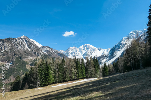 Scenic view of snow capped mountain peaks in Bärental, Karwanks, Carinthia, Austria. Remote alpine landscape in springtime in idyllic Austrian Alps, Europe. Tranquility on alpine meadows and forest