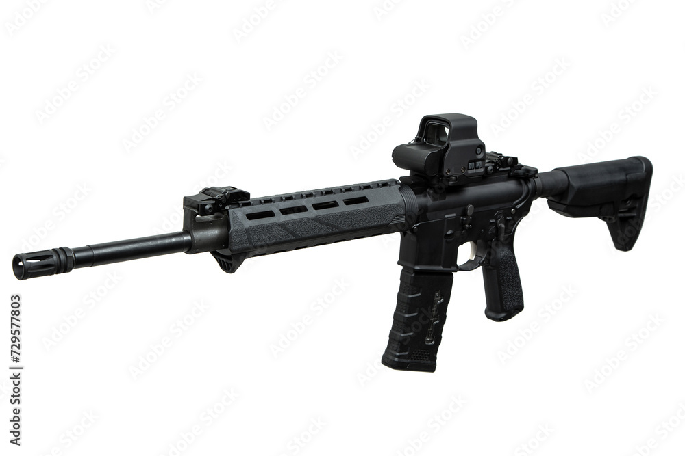 Modern automatic rifle isolated on white background. Weapons for police, special forces and the army. A carbine with red dot sight on a white back Modern automatic rifle isolated on white background. Weapons for police, special forces and the army. A carbine with red dot sight on a white back