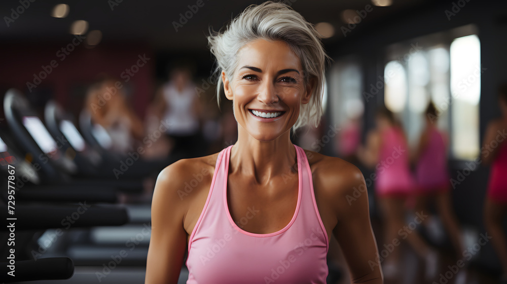 A fit and confident woman, sporting a sleeveless shirt and active tank, smiles for the camera as she shows off her strong muscles while surrounded by exercise equipment in the gym