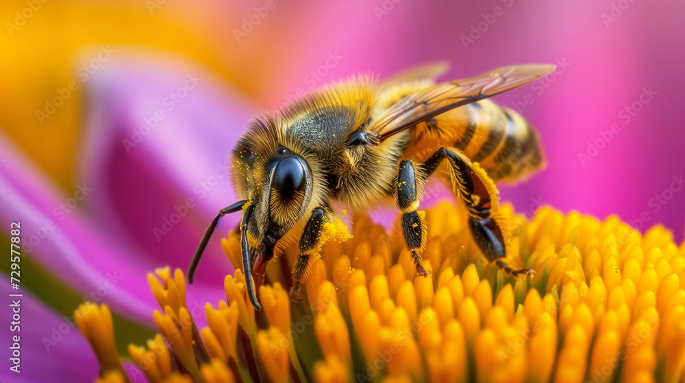 A honeybee diligently gathers pollen on a bright purple flower, showcasing the vital process of pollination in vivid detail. A honeybee diligently gathers pollen on a bright purple flower, showcasing the vital process of pollination in vivid detail.