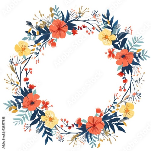 Circular frame design adorned with a flat modern flower bouquet  presented on a white background for isolation.
