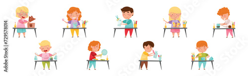 Creative Kid at Table Engaged in Handcraft Activity Recycle Material Vector Set