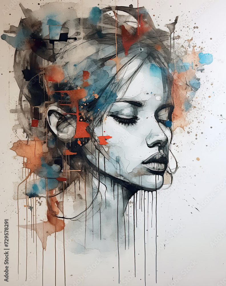 Abstract watercolour painting of beautiful young woman