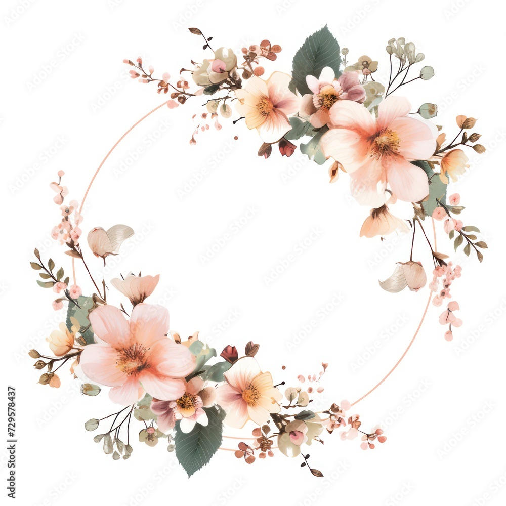 Naklejka premium minimalist circle frame with flat modern flowers bouquet, isolated on a white background