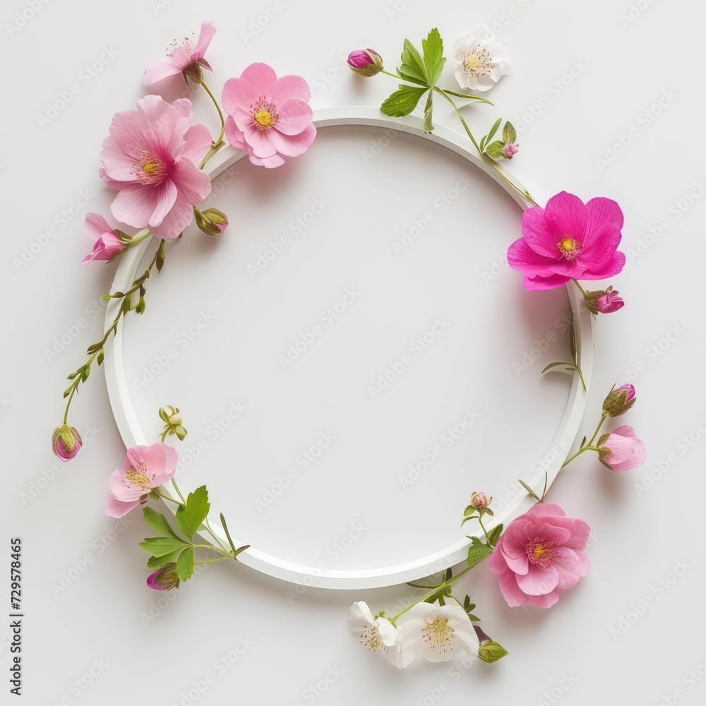 minimalist circle frame with flat modern flowers bouquet, isolated on a white background