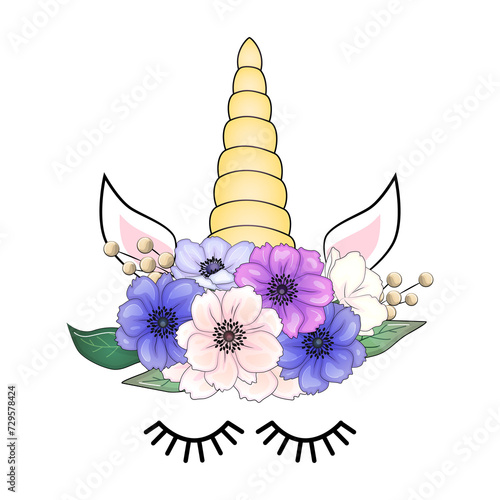 Cute unicorn head with flower crown