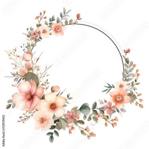 minimalist circle frame with flat modern flowers bouquet  isolated on a white background