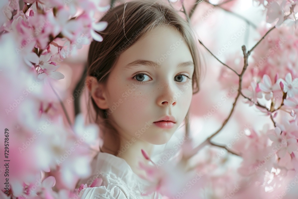 Innocent and charming young girl model in a delightful pink and white environment, frozen in high definition, radiating purity and sweetness in a visually appealing and heartwarming composition.
