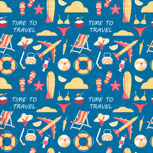 Time to travel seamless pattern on blue background