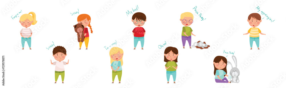 Upset Kid Feel Guilty and Sorry Expressing Regret Vector Set Upset Kid Feel Guilty and Sorry Expressing Regret Vector Set