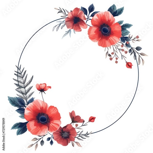 minimalist circle frame with flat modern flowers bouquet, isolated on a white background