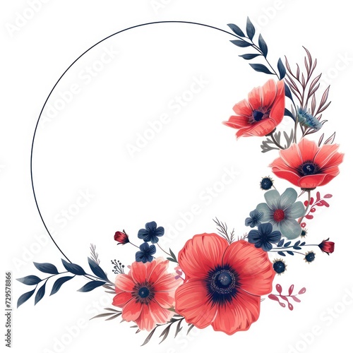 Flat modern flowers arranged in a minimalist circle frame, isolated against a white background.