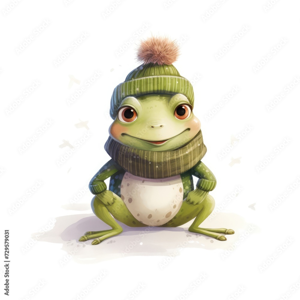 Fototapeta premium Watercolor illustration of a cute frog wearing a knitted hat, scarf on a white background.