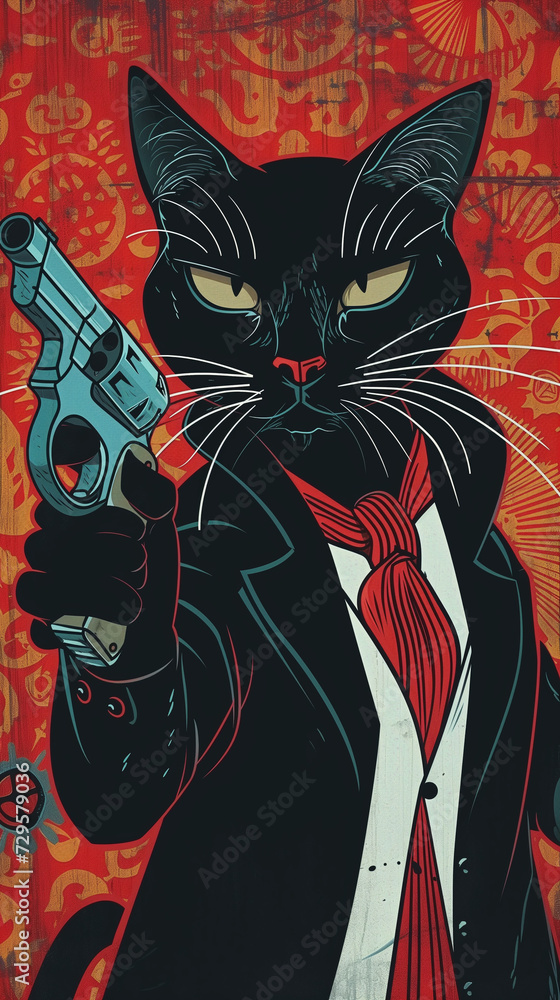 The cat stands with a gun in his paw