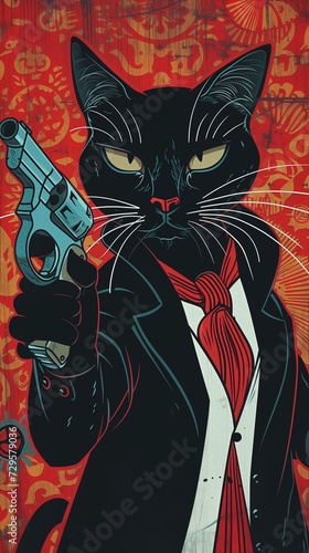The cat stands with a gun in his paw